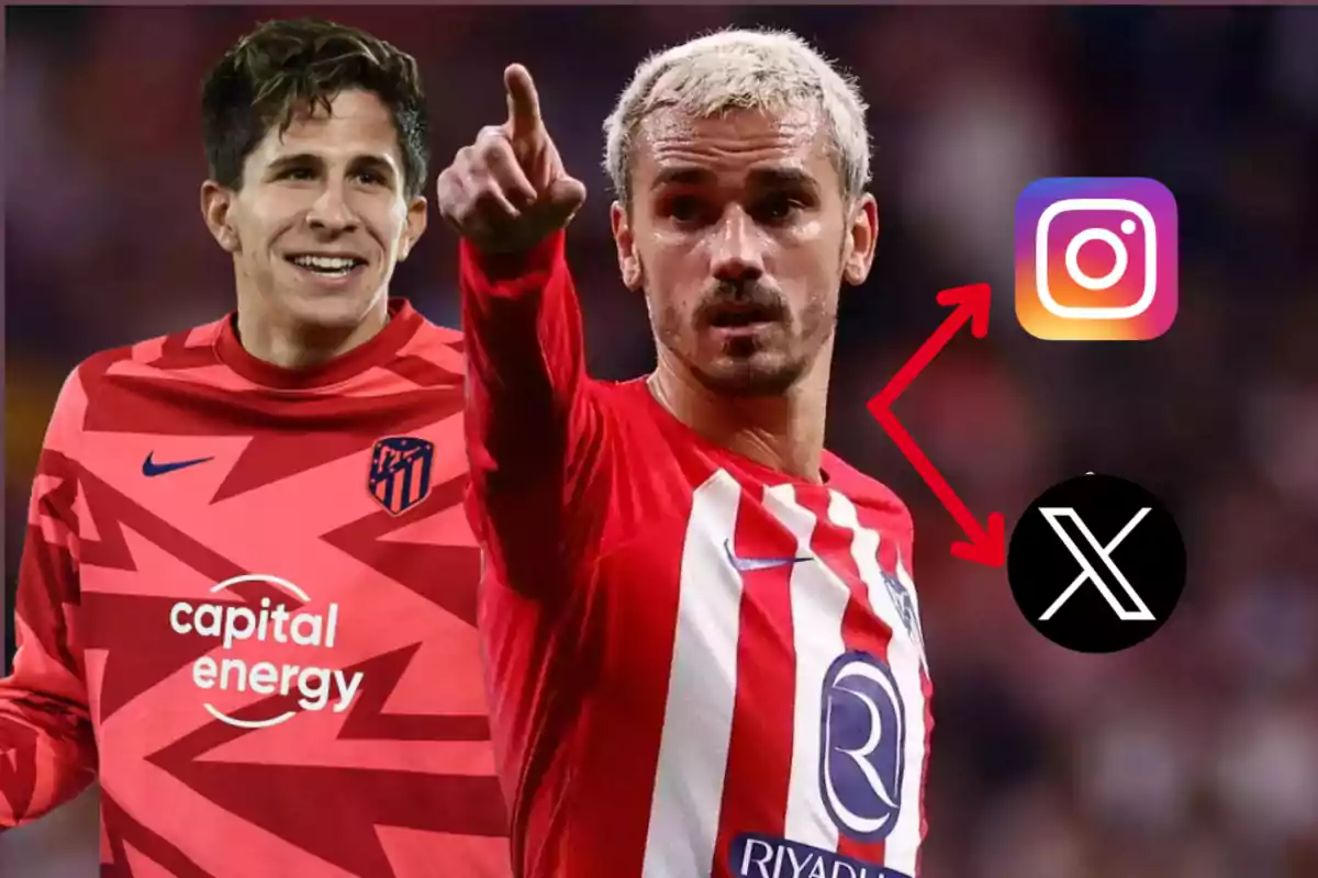 Two Atlético de Madrid football players, one in training uniform and the other in playing uniform, next to the Instagram and X (formerly Twitter) logos.