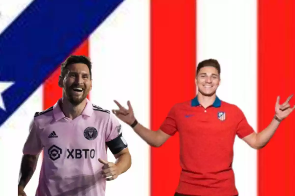 Two smiling soccer players, one wearing the pink Inter Miami jersey and the other wearing the red Atlético de Madrid jersey, with a Puerto Rican flag in the background.