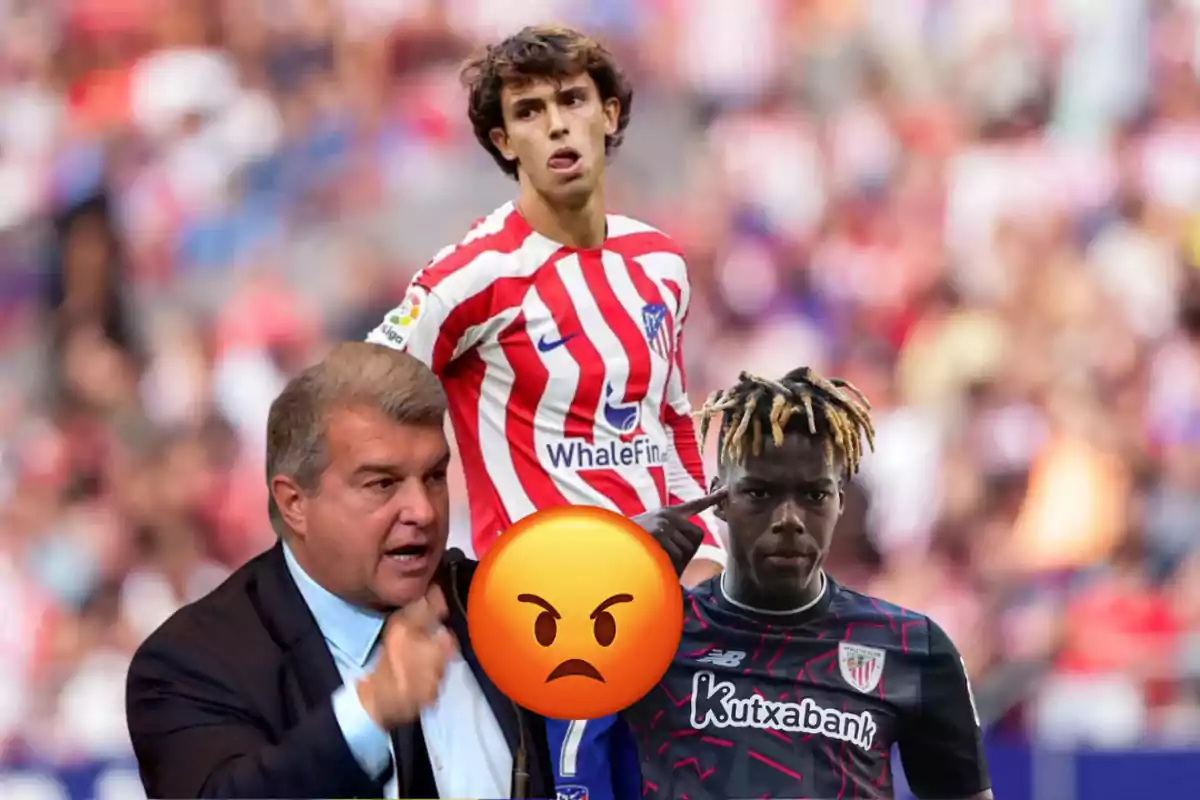 The image shows three people, one of them wearing an Atlético de Madrid uniform, another wearing an Athletic Club uniform and a third person wearing a suit, as well as an angry face emoji in the centre.