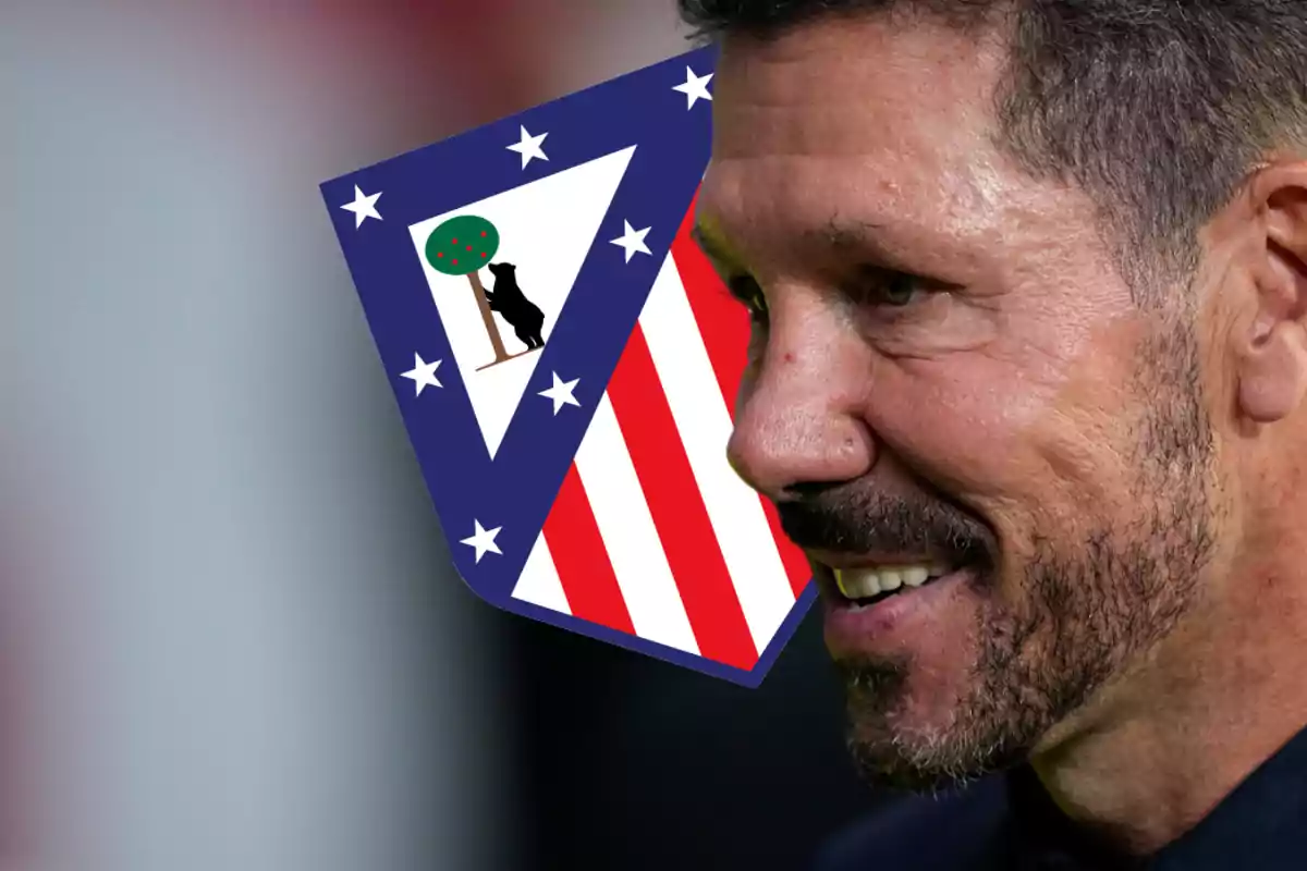 Smiling man with a beard and the Atlético de Madrid crest superimposed.