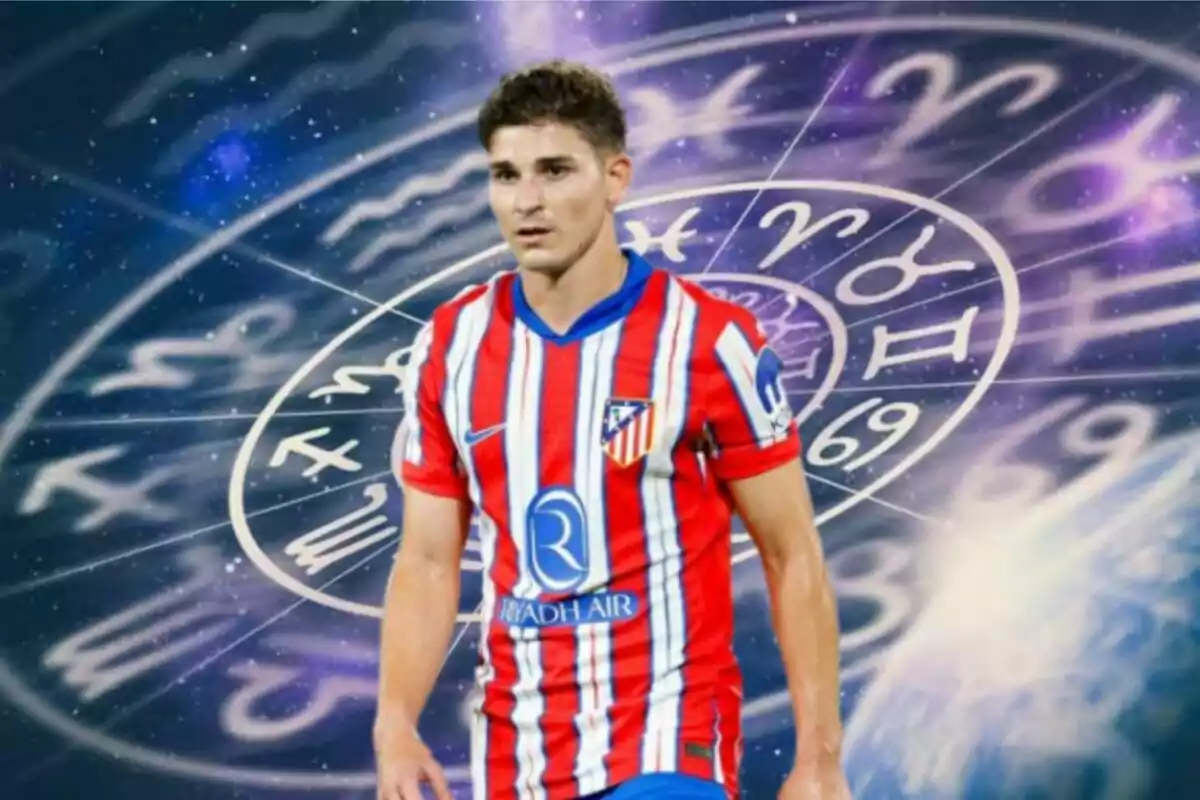 A football player wearing an Atlético de Madrid shirt appears against a background of zodiac symbols.