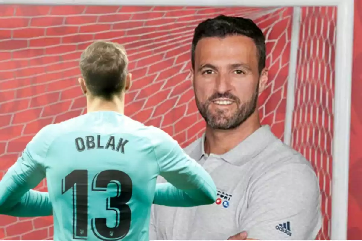 A football goalkeeper with the name "OBLAK" and the number 13 on his shirt stands with his back to an image of a smiling bearded man, both in the setting of a football goal with a red net in the background.