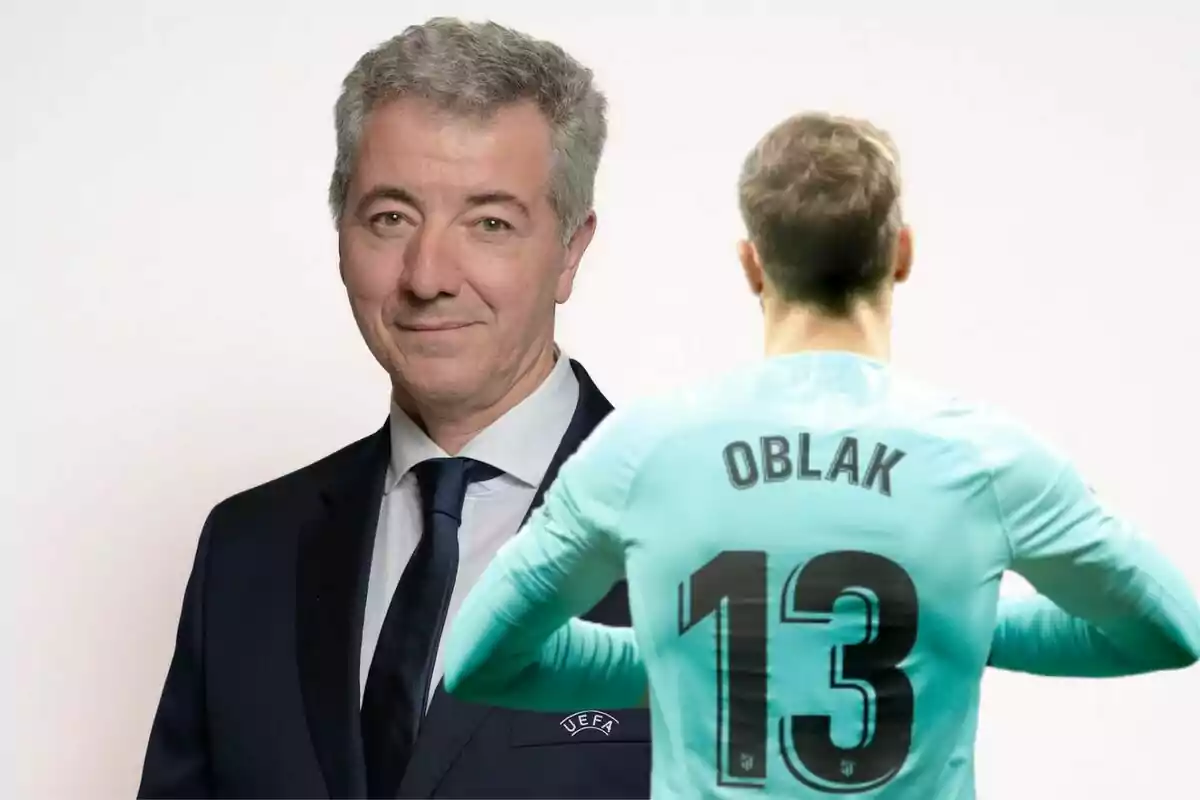 A man in a suit and tie next to a football player with the name "OBLAK" and the number 13 on his shirt.