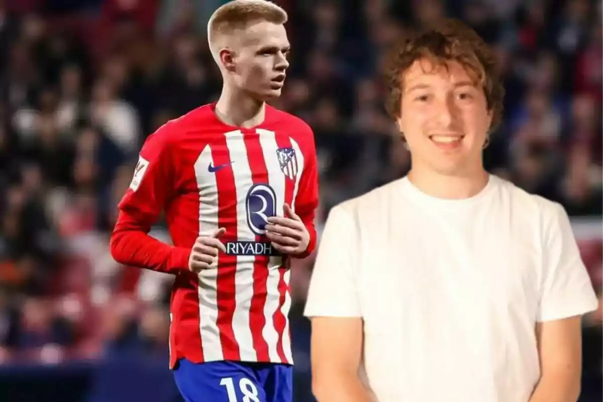 A football player in Atlético de Madrid uniform and a person in a white t-shirt smiling in the foreground.