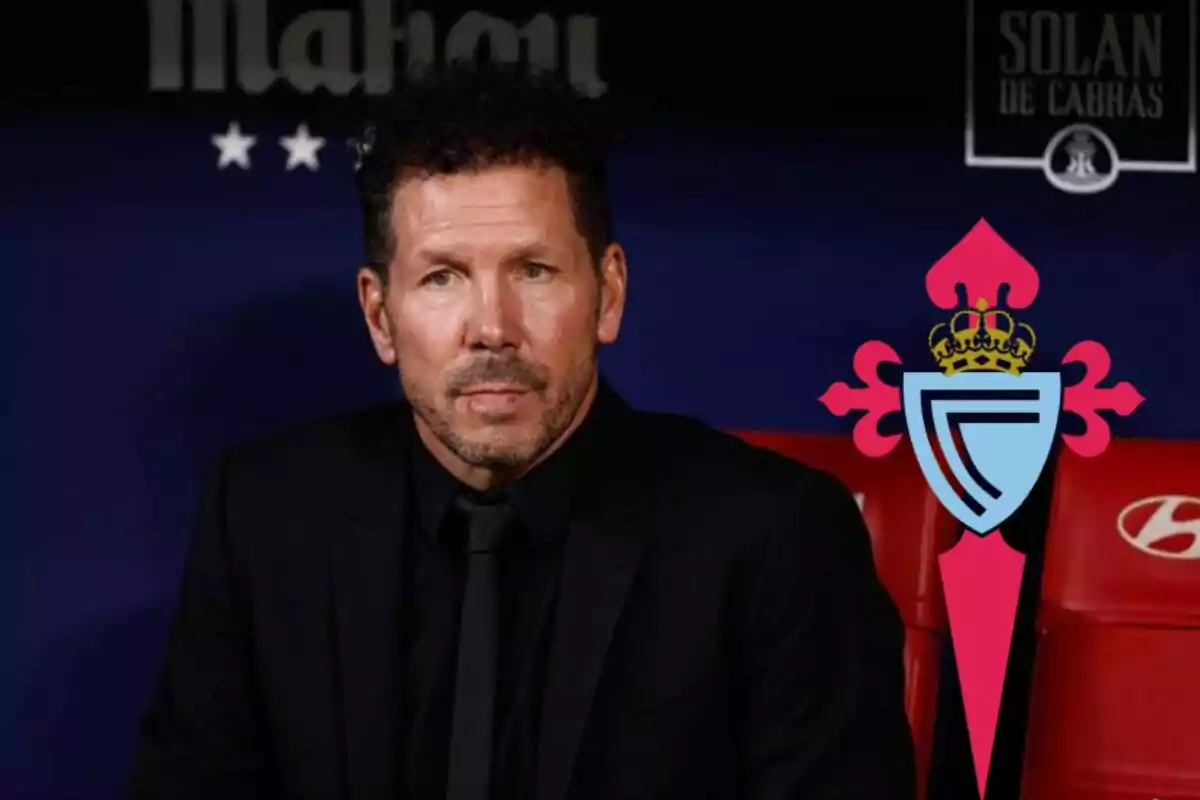 A man in a black suit sitting on a bench with the Celta de Vigo crest superimposed on it.