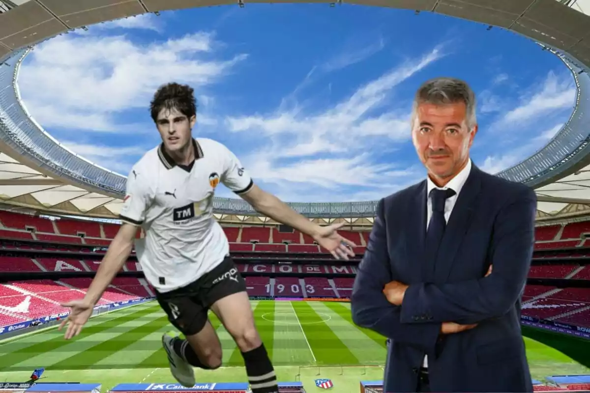 A football player in Valencia CF uniform and a man in a suit pose in a football stadium.