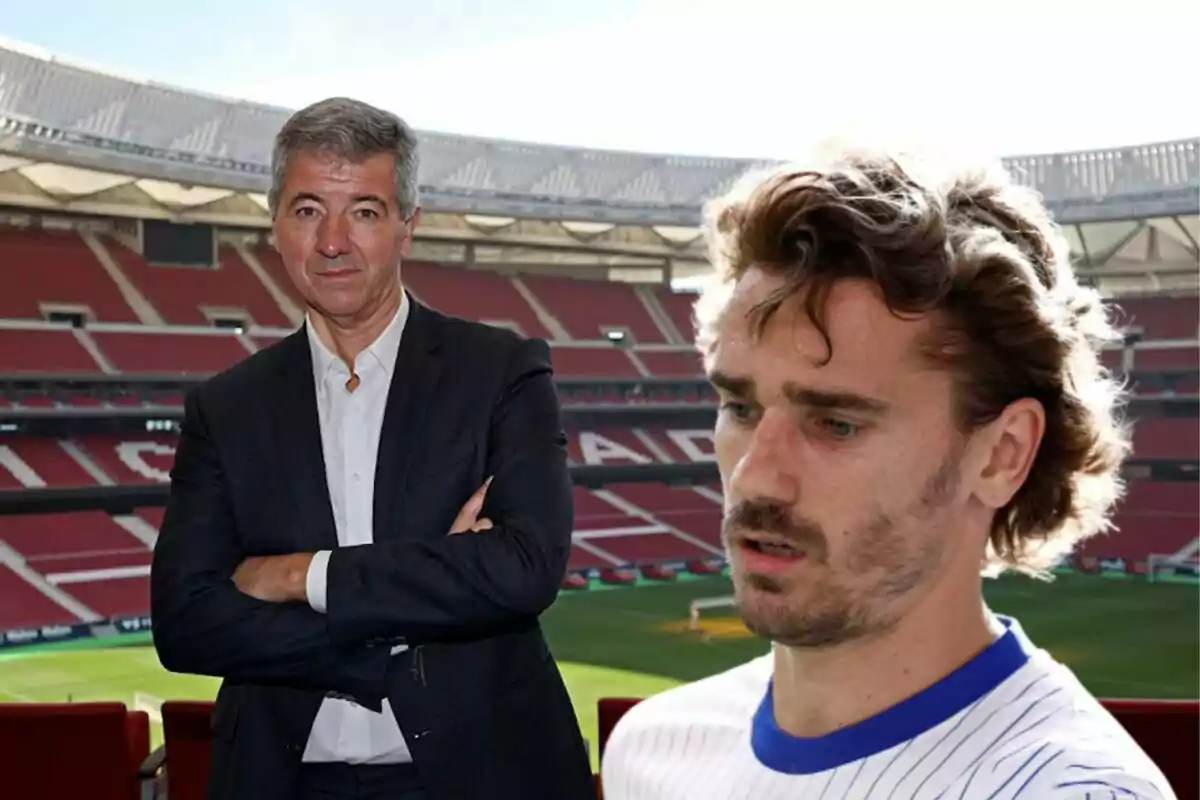 Two men in a football stadium, one in a suit and the other in a sports jersey.