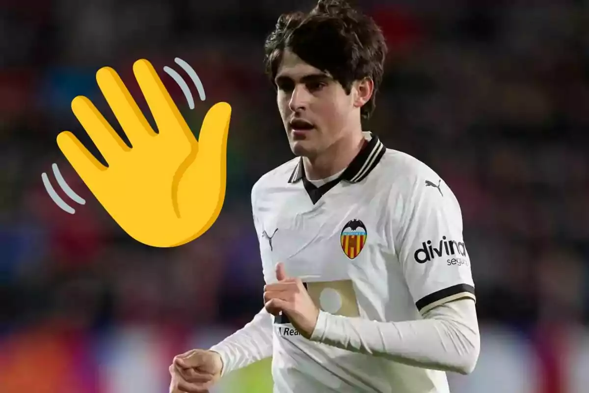 Football player in Valencia CF uniform with a waving hand emoji.