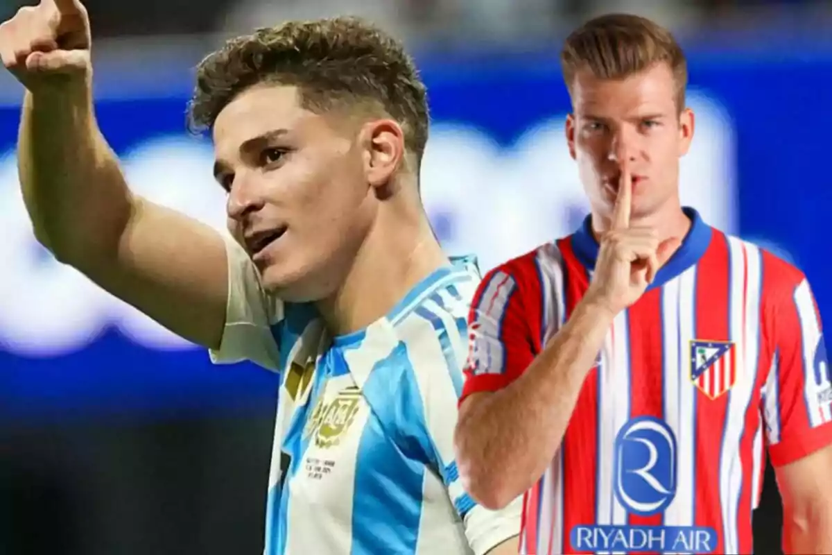 Two footballers, one wearing the Argentine national team shirt and the other wearing the Atlético de Madrid shirt, in a composite image.