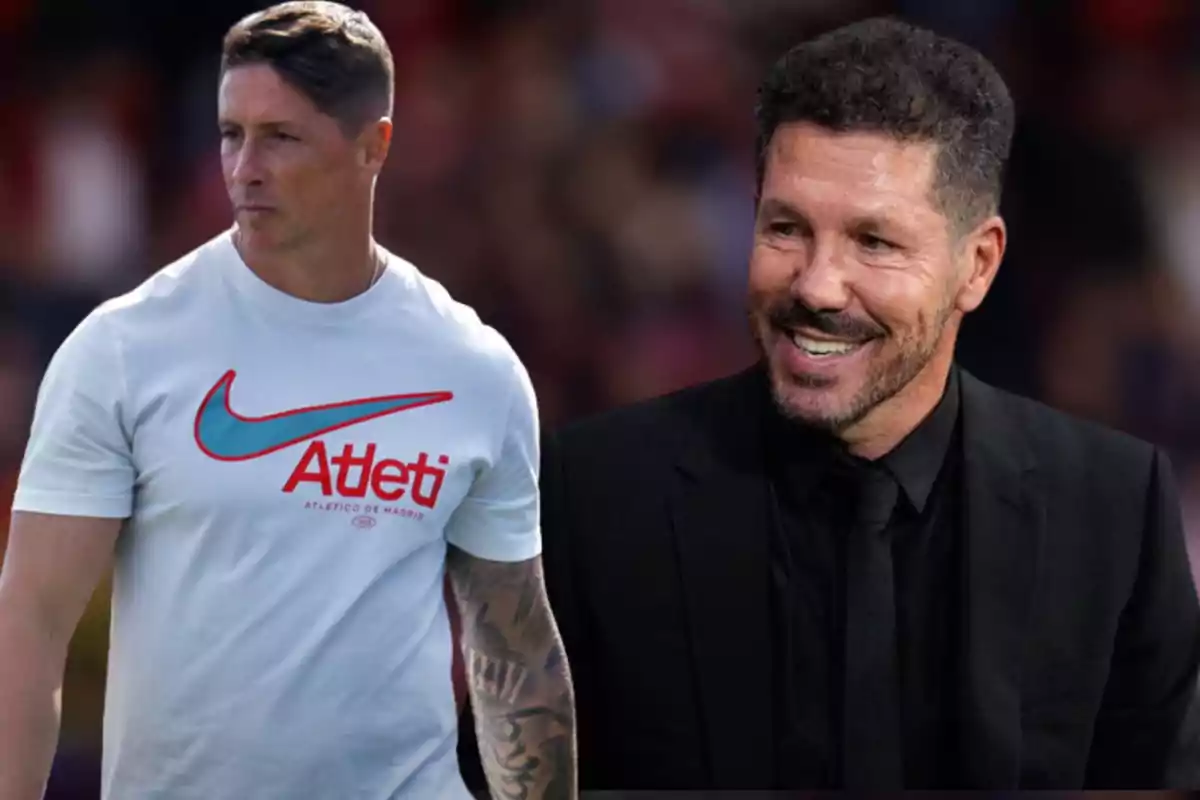 Two men, one wearing a white Atlético de Madrid shirt and the other in a black suit, pose together in the photo.