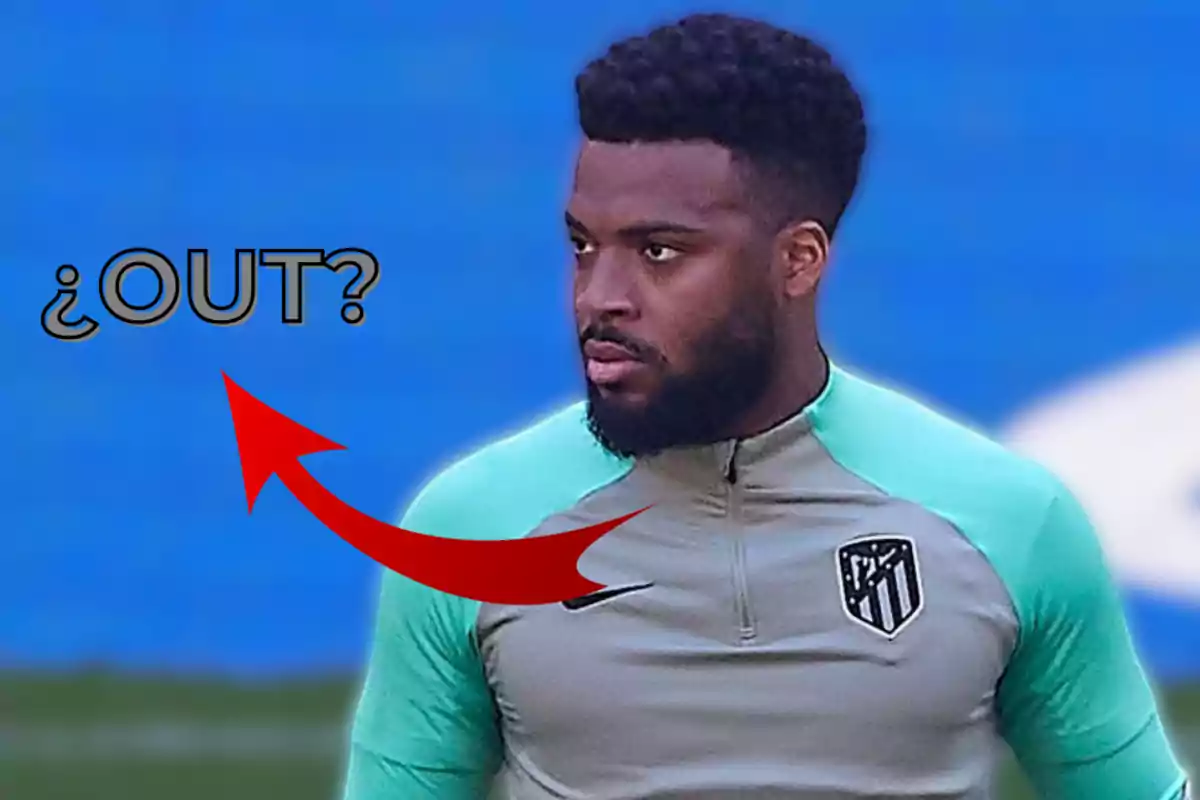 Atletico Madrid player with a red arrow and the word "OUT?"