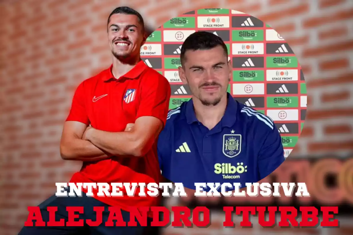 Exclusive interview with a football player, with an image of him in the red Atlético de Madrid uniform and another in the blue uniform of the Spanish national team, with a brick background and a background of sponsors.