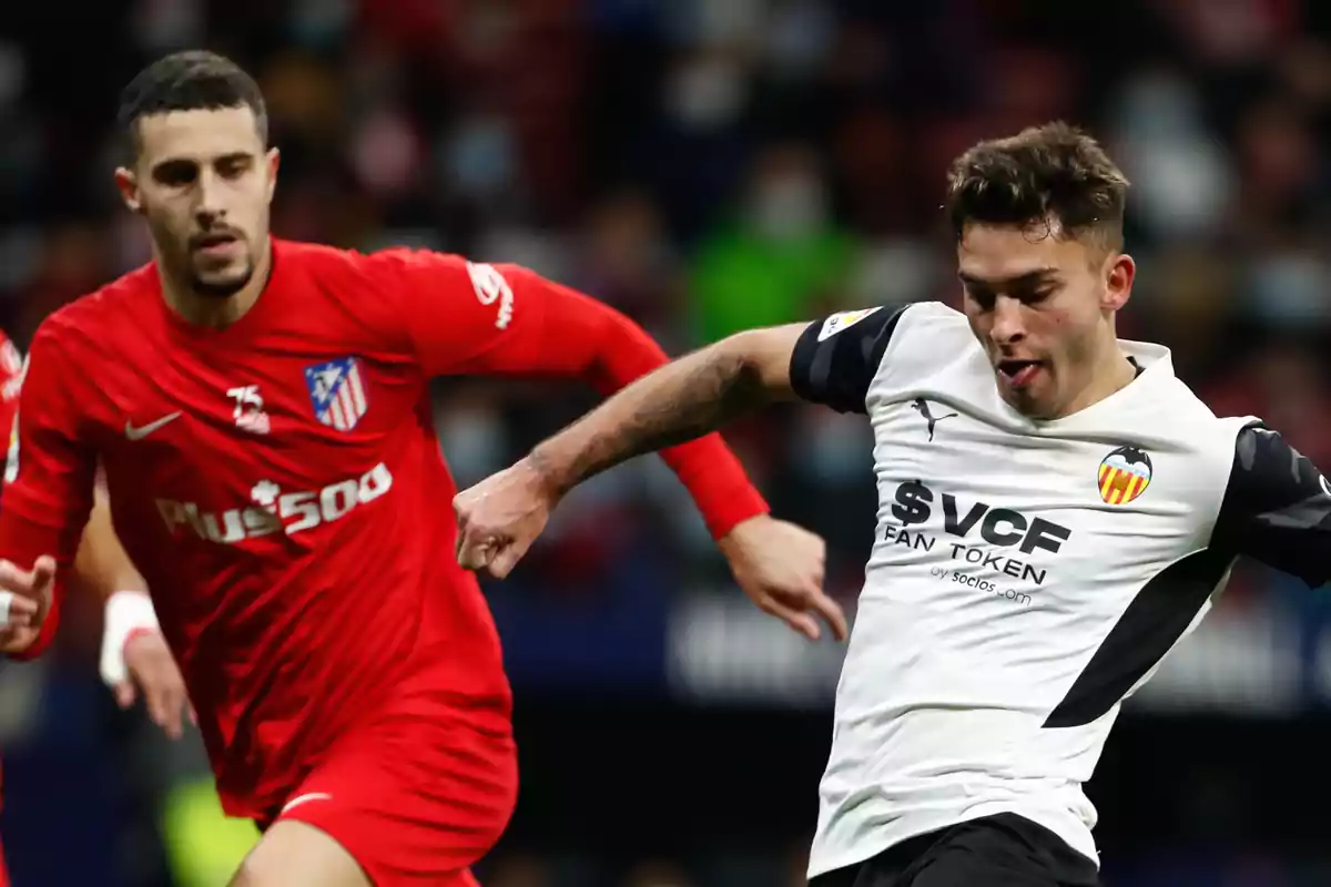 Two soccer players compete for the ball during a match.