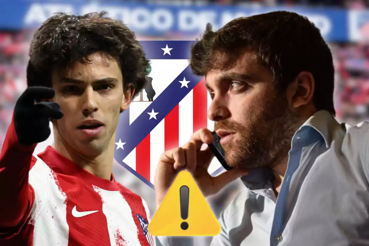 Two men, one in a football uniform and the other talking on the phone, with the Atlético de Madrid crest and a warning icon in the centre.