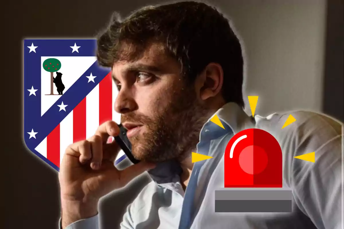 Man talking on the phone with the Atlético de Madrid logo and a red alert siren.