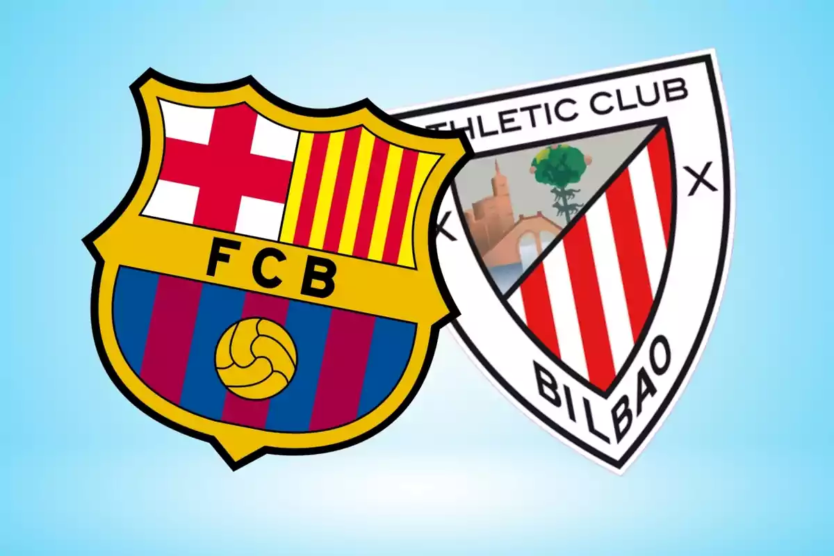 Emblems of the FC Barcelona and Athletic Club de Bilbao football teams on a light blue background.