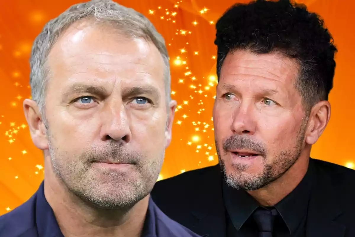 Two men with serious expressions, one with short gray hair and the other with dark curly hair, on an orange background with bright sparkles.