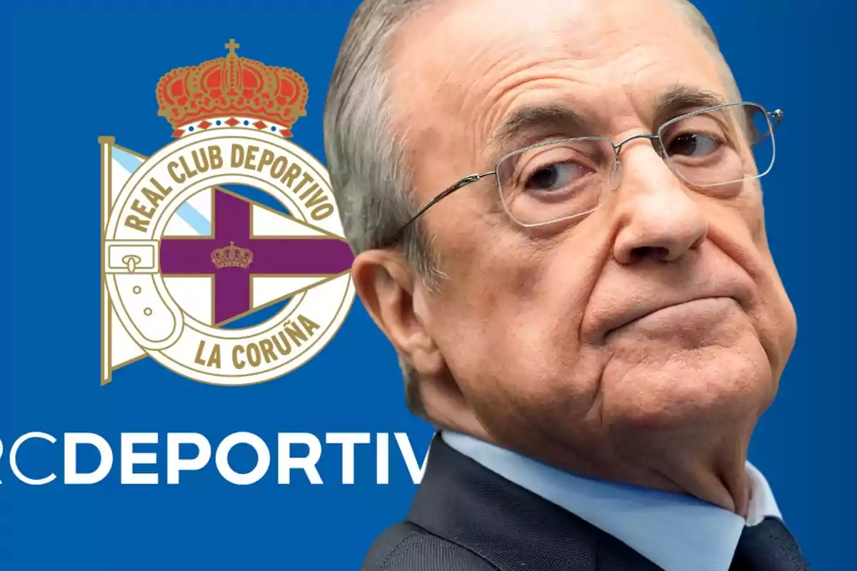 Man with glasses and serious expression in front of the Real Club Deportivo de La Coruña shield on a blue background.