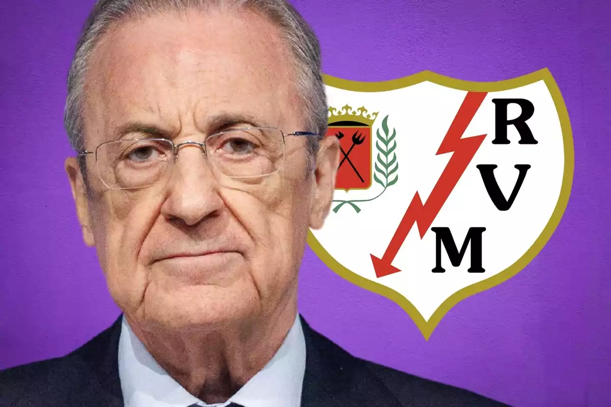 Man with glasses in front of a Rayo Vallecano shield on a purple background.