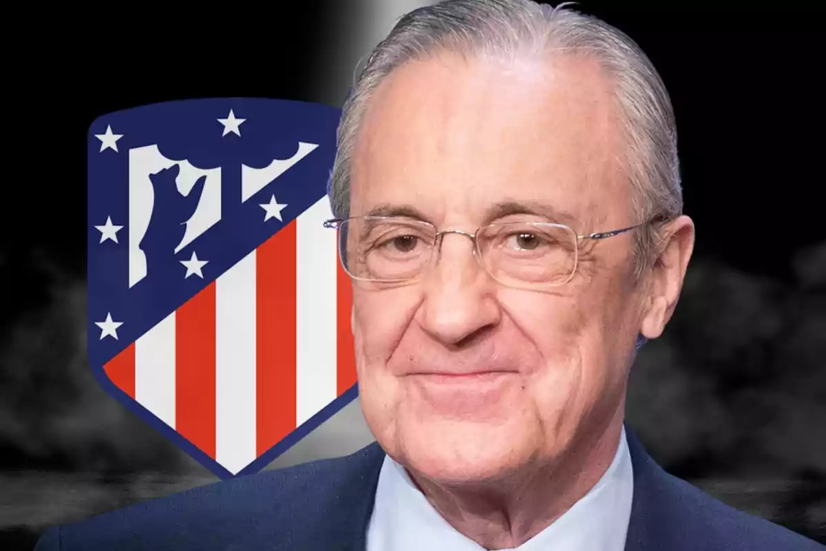 Older man with glasses and gray hair in front of the Atlético de Madrid shield.