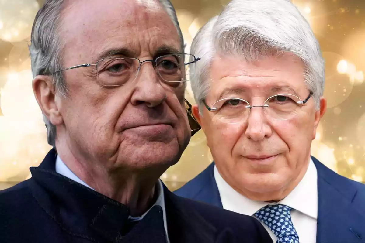 Montage by Florentino Pérez next to Enrique Cerezo on a golden background