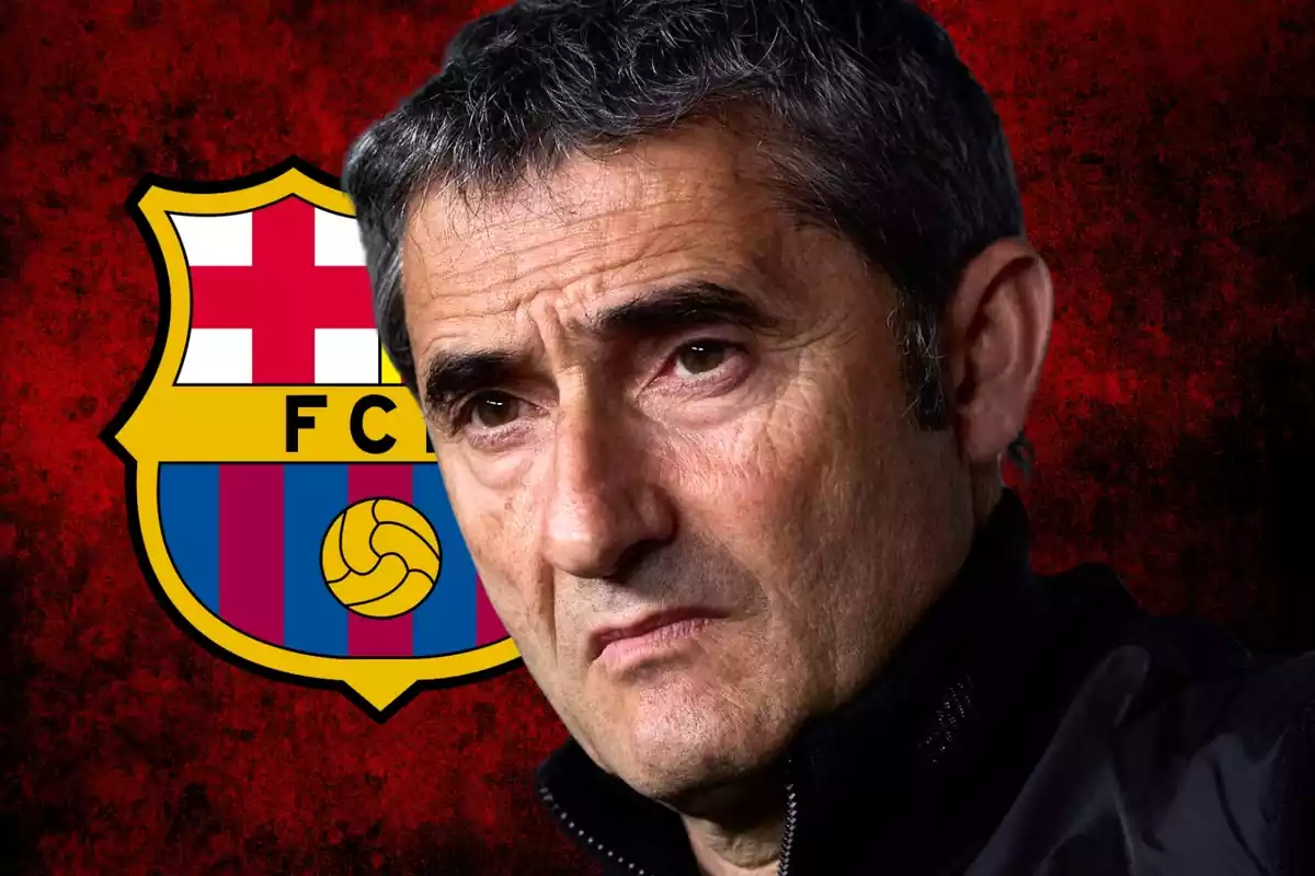 The coach of Athletic Club, Ernesto Valverde, next to the shield of FC Barcelona, a club he coached for a few seasons.