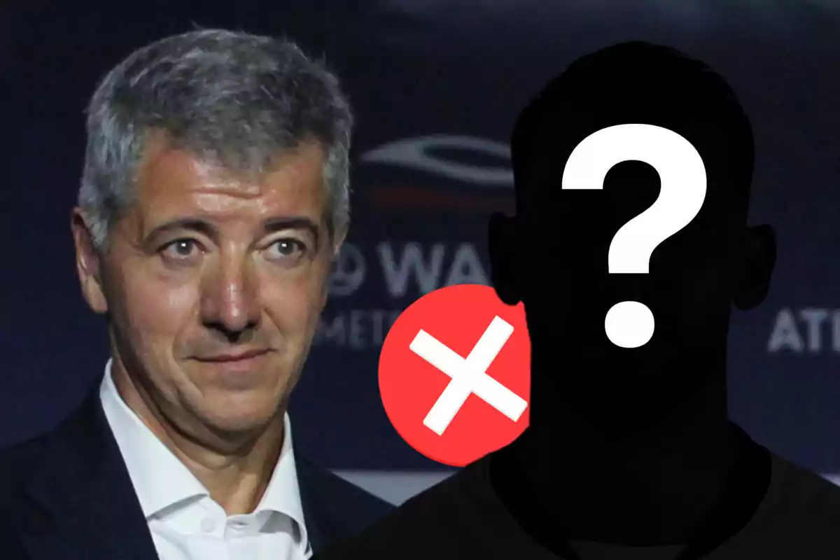 A gray-haired man in a dark suit stands next to a black silhouette with a question mark and a red "X" symbol.