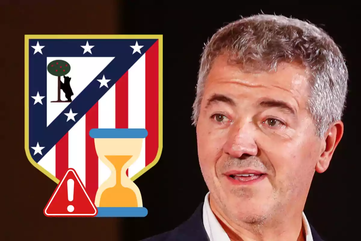 Gray-haired man next to the Atlético de Madrid crest with a warning icon and an hourglass.