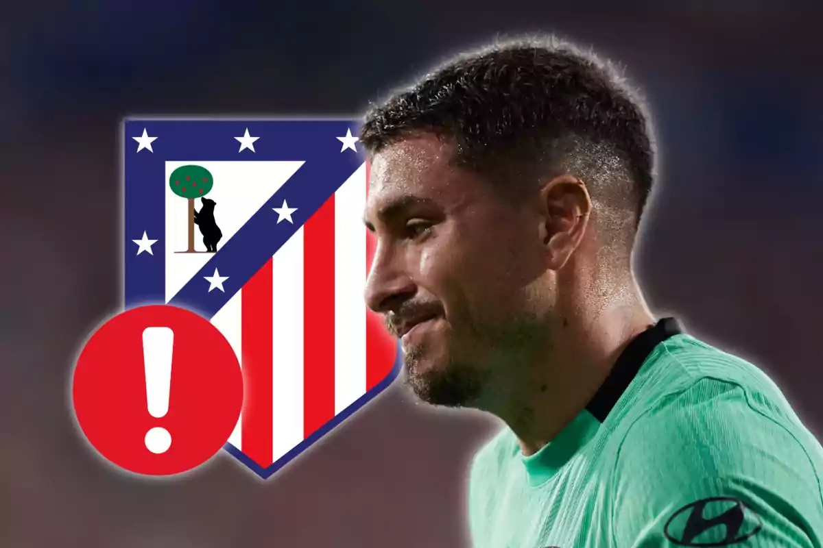 A soccer player wearing a green shirt next to the Atlético de Madrid shield and a warning icon.