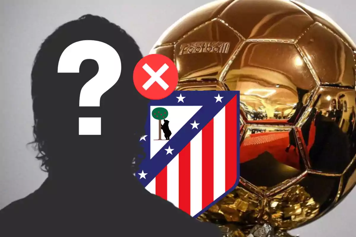 Silhouette of a person with a question mark, a golden ball and the Atlético de Madrid shield.