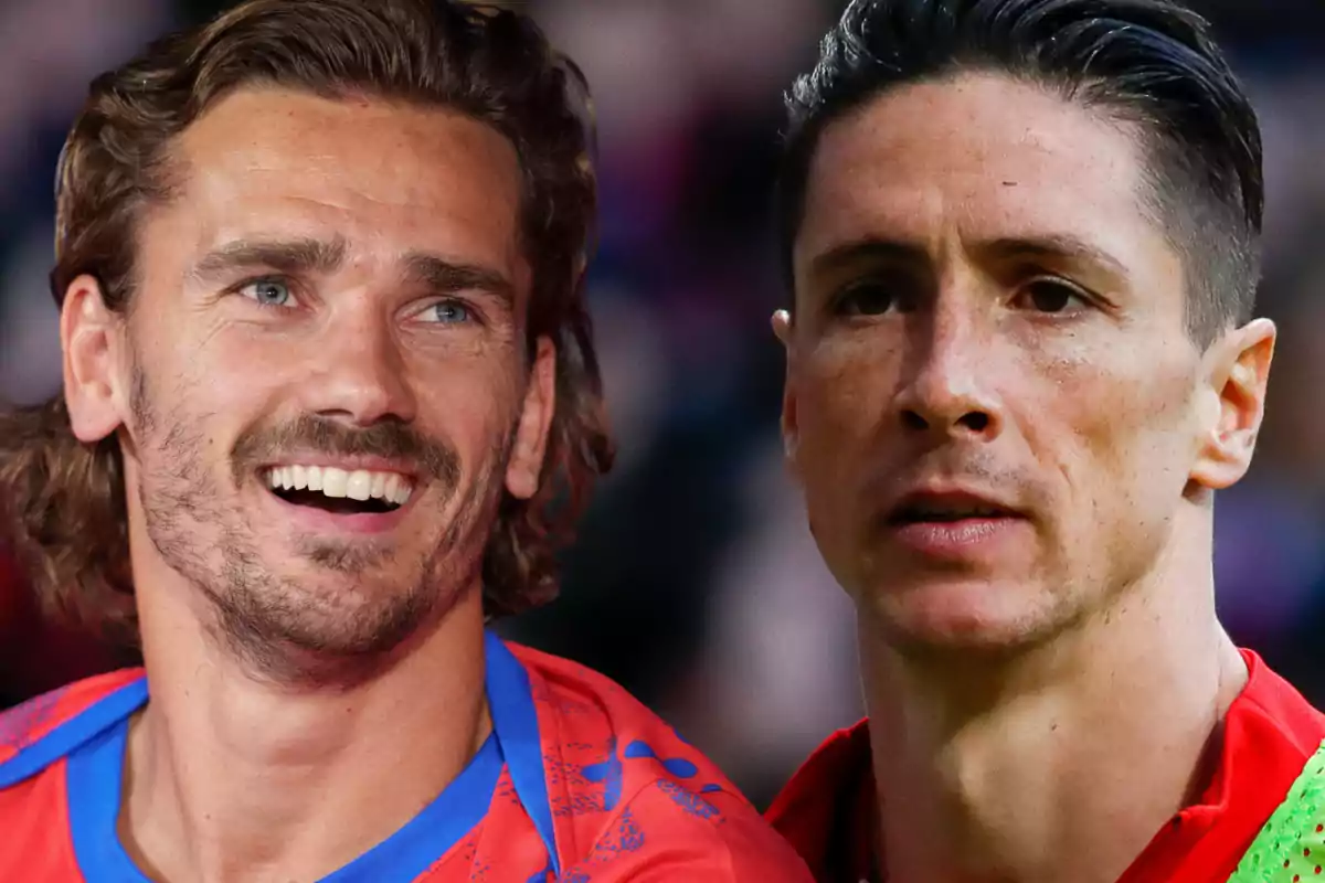 Two men in red sports shirts, one smiling and the other with a serious expression.