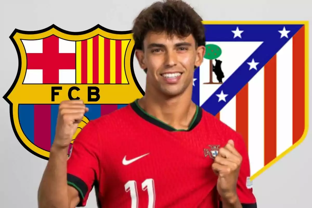 A football player wearing the Portugal national team shirt celebrates with his fists raised, behind him are the shields of FC Barcelona and Atlético de Madrid.