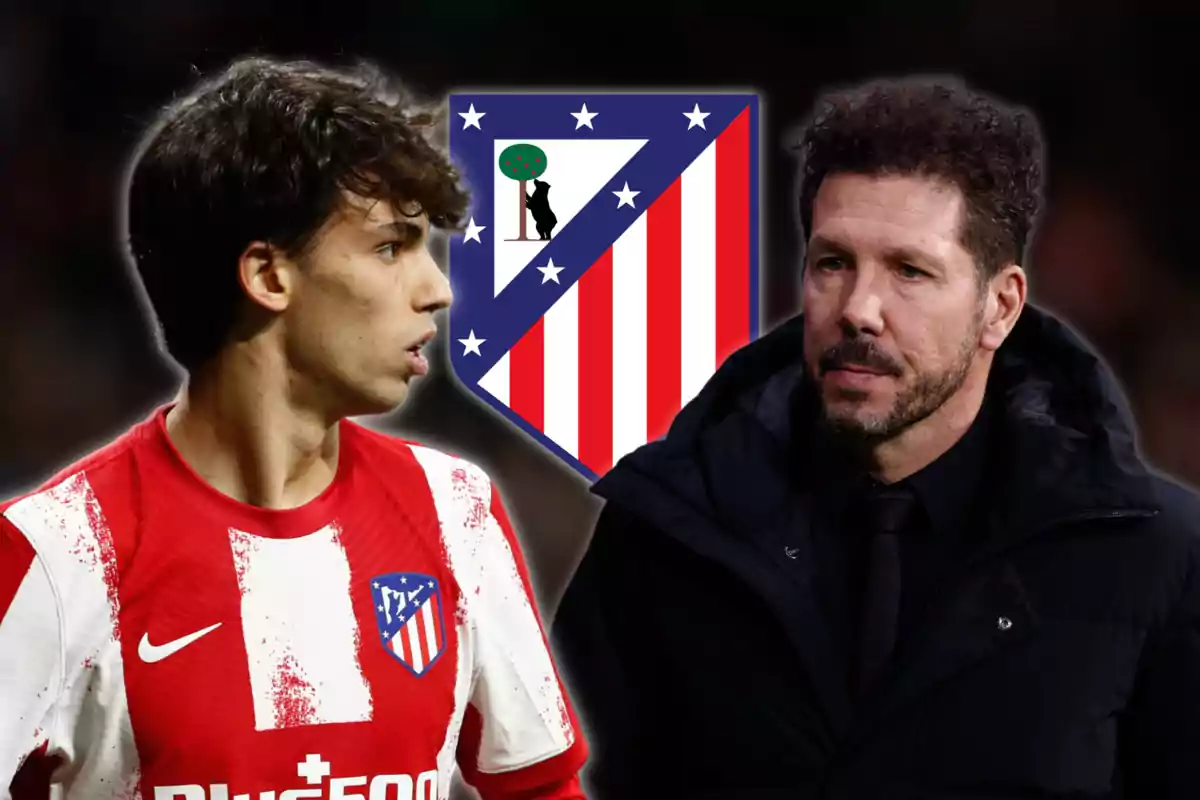 An Atlético de Madrid player in the team's uniform and a man in a dark jacket, with the club's shield in the background.