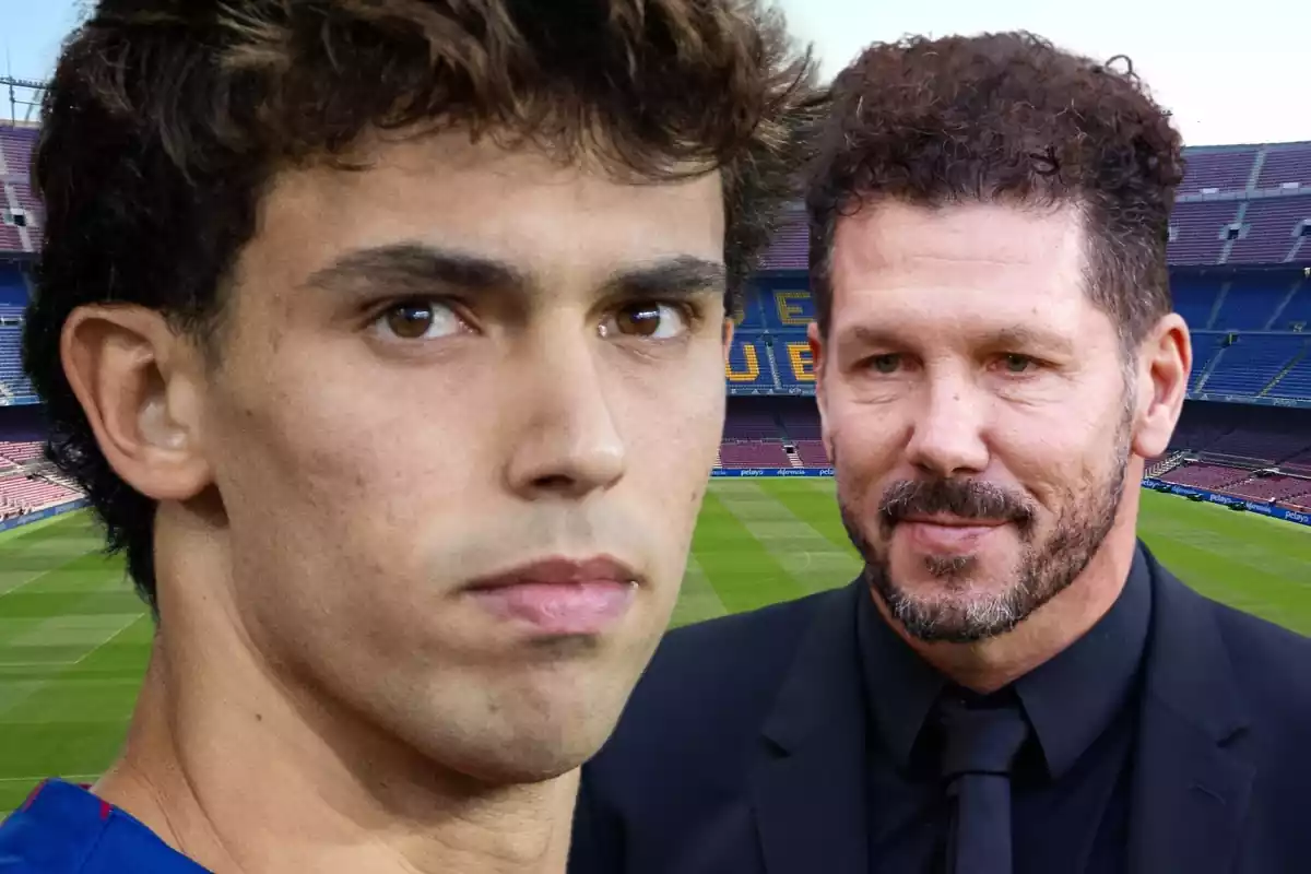 Joao Félix in the foreground with Simeone at his side on an image of the Camp Nou