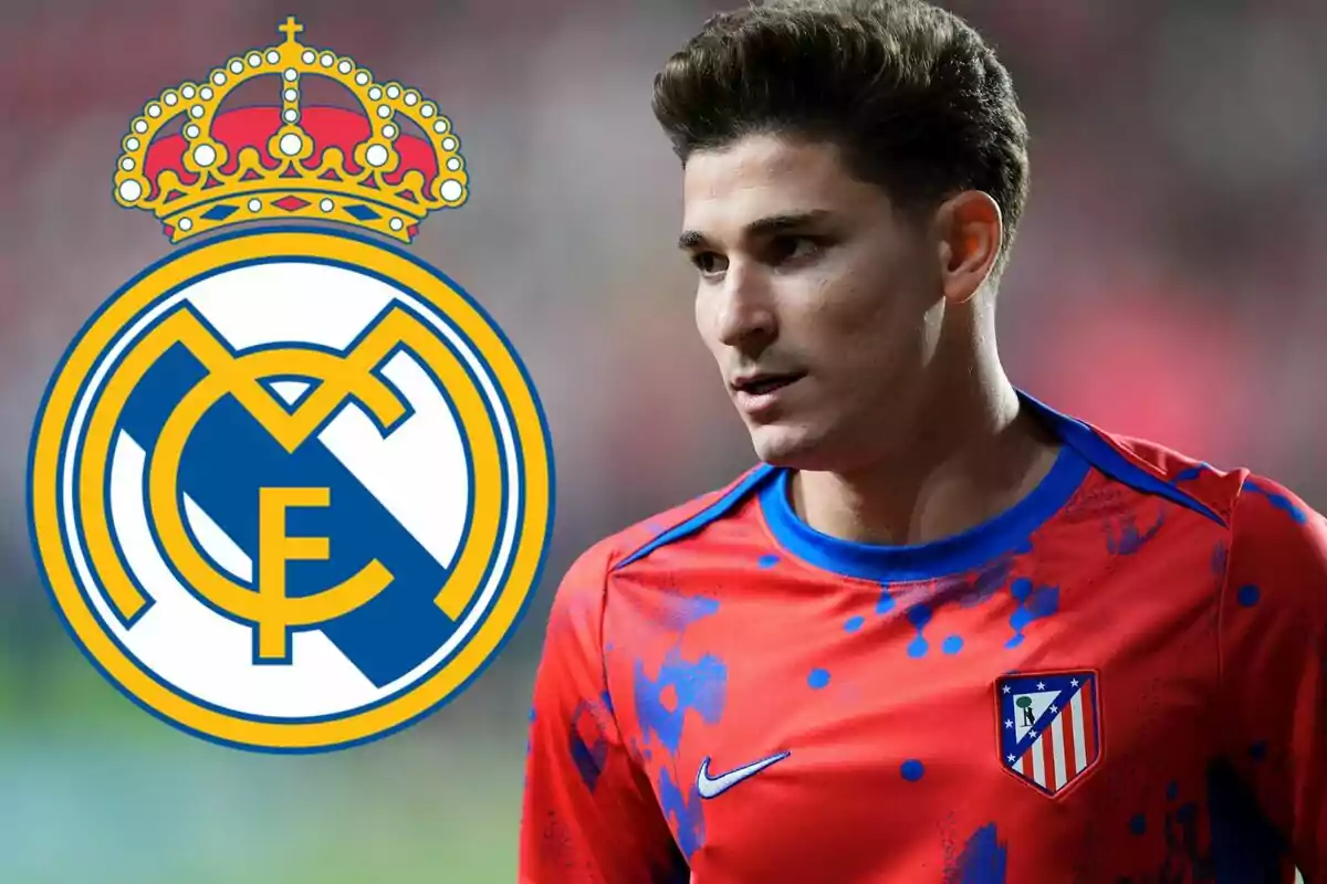 A football player wearing the Atlético de Madrid shirt next to the Real Madrid crest.