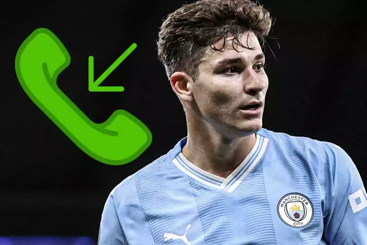 Soccer player in a Manchester City shirt next to a green phone icon with an arrow.