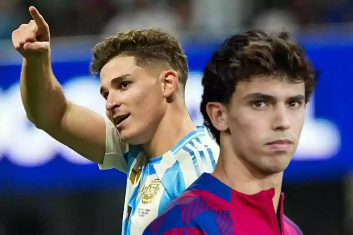 Two soccer players, one in the Argentina shirt pointing forward and another in a red and blue training shirt facing forward.