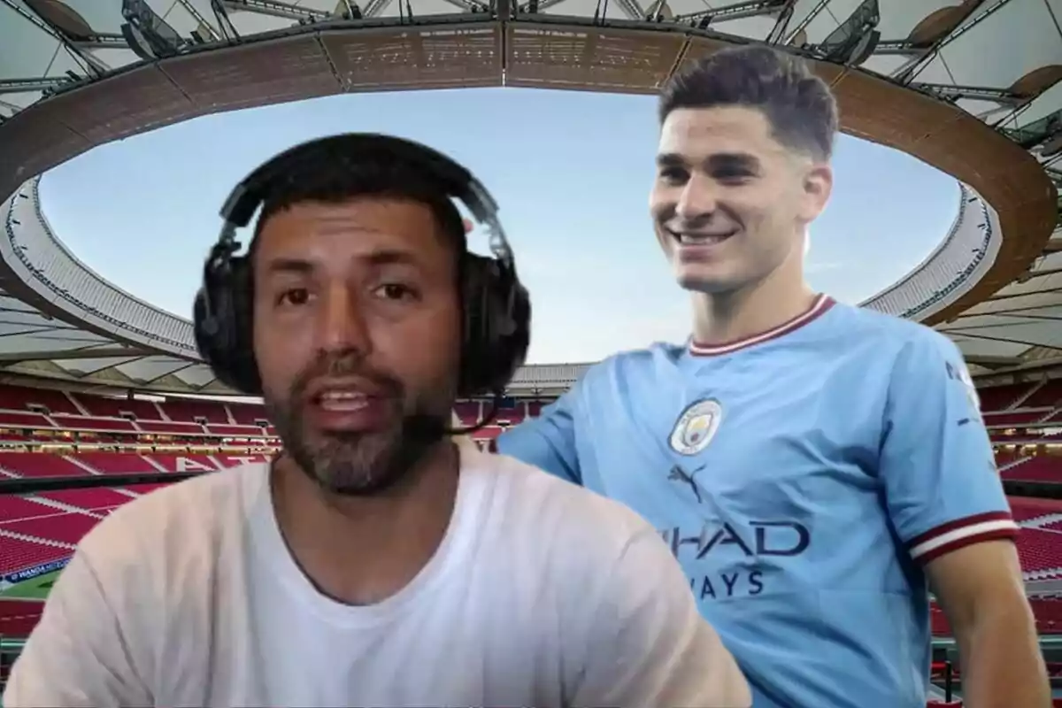 Two people in a stadium, one with headphones and the other with a football shirt.