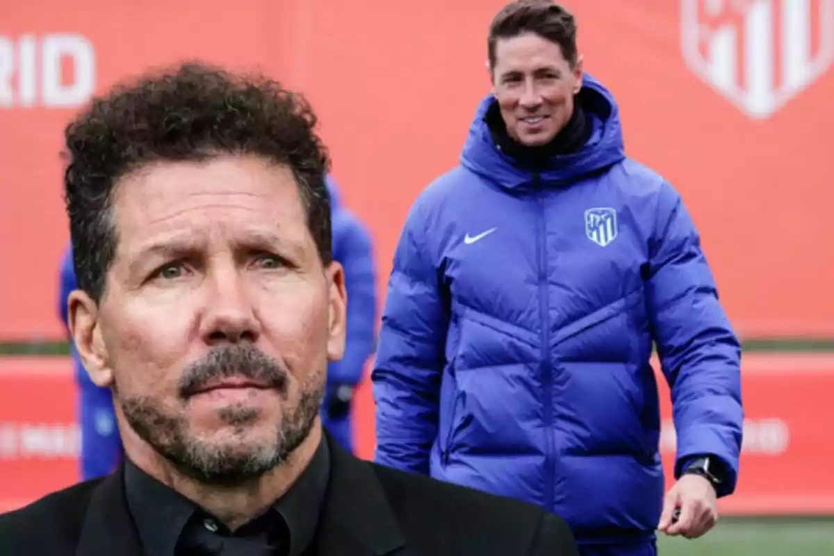 Two men wearing Atlético de Madrid jackets, one in the foreground and one in the background.