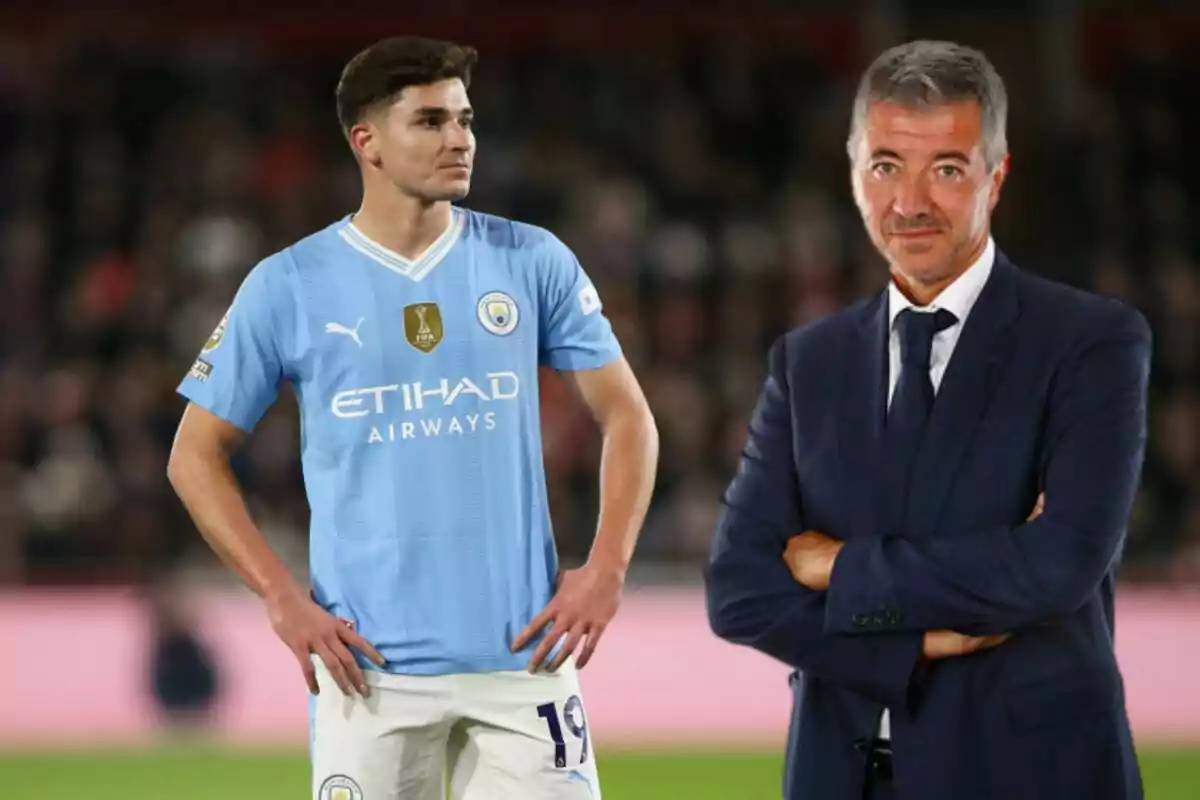 A football player in a Manchester City uniform next to a man in a suit.