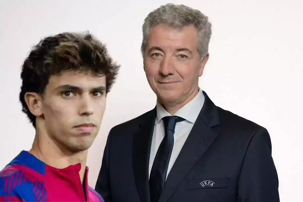 Two men pose for the camera, one in a sports jacket and the other in a formal suit and a UEFA badge.