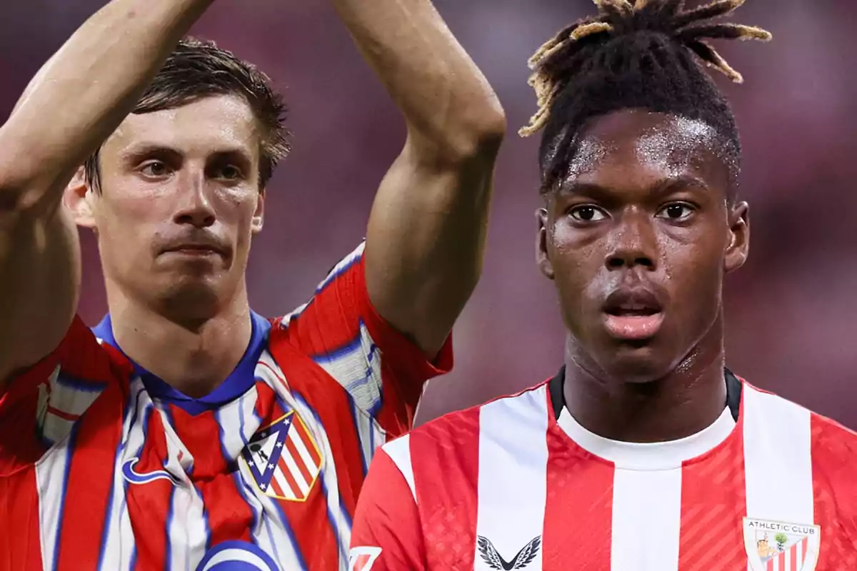 Two football players wearing uniforms from different teams, one from Atlético de Madrid and the other from Athletic Club, on a playing field.