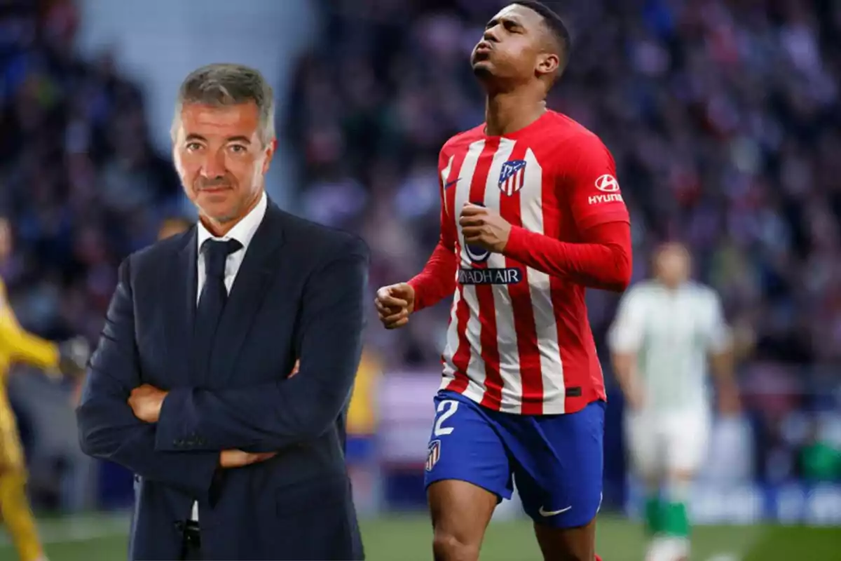 A man in a suit with his arms crossed and an Atlético de Madrid soccer player on the field.