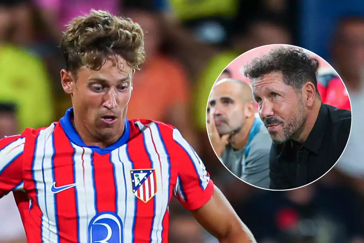 An Atlético de Madrid football player in action with an inserted image of two people watching from the bench.