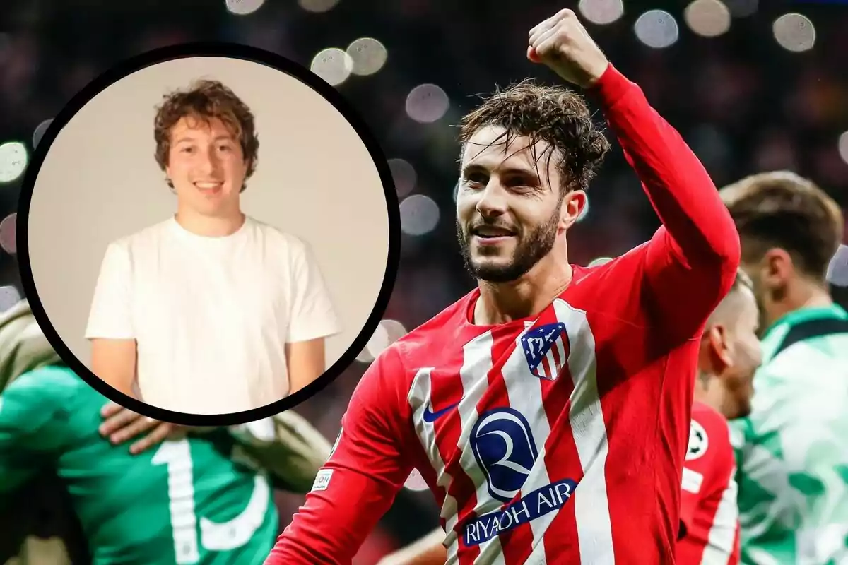 A football player celebrating with his fist raised while wearing an Atlético de Madrid shirt, with an inserted image of a young man smiling in a white shirt.