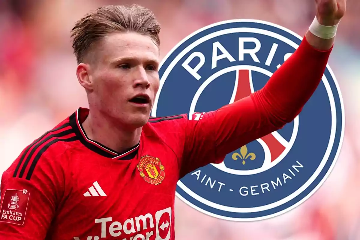 A Manchester United player with the Paris Saint-Germain logo in the background.