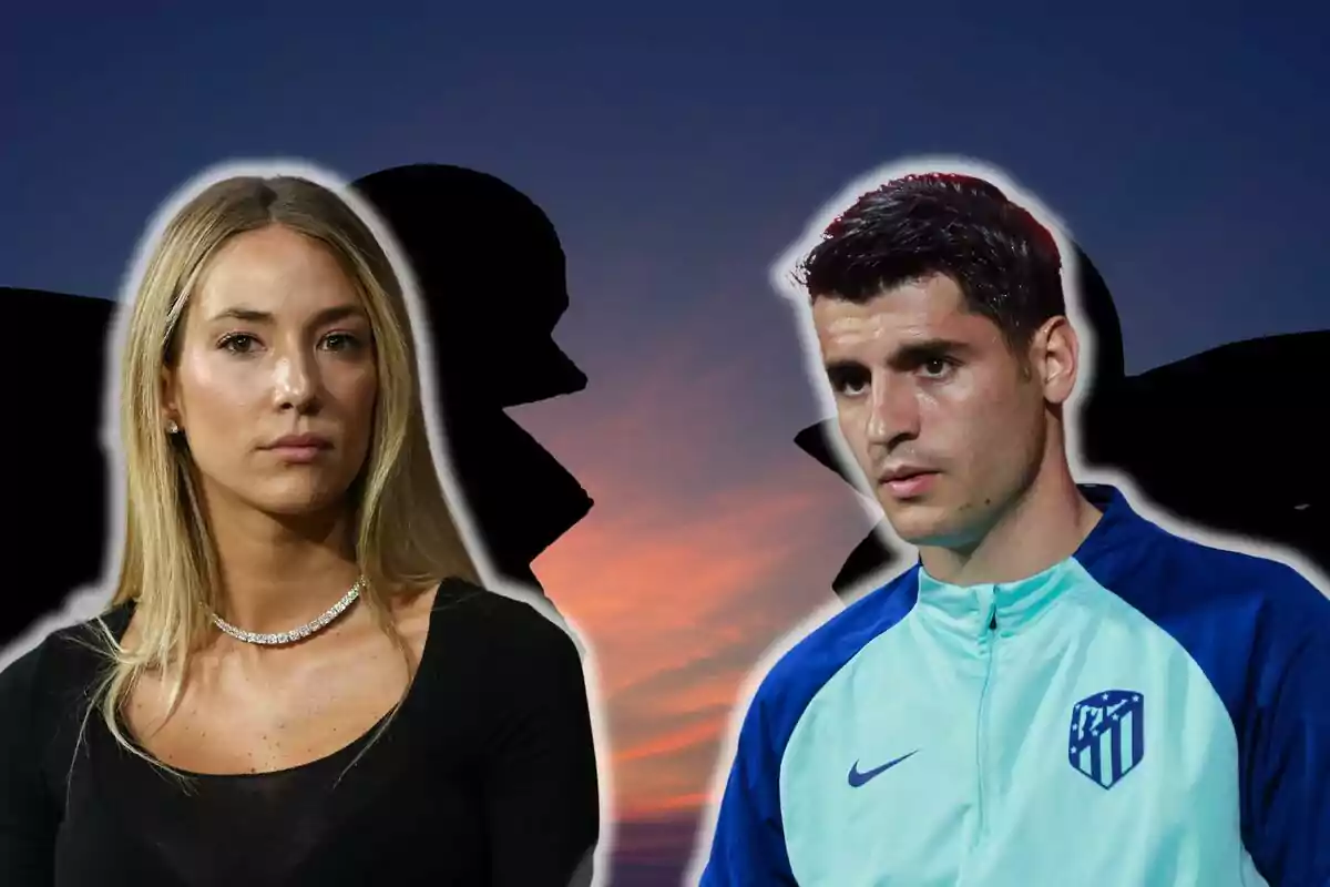 Alice Campello with a necklace and Álvaro Morata with an Atlético de Madrid sports jacket, both with a sunset background and black silhouettes.