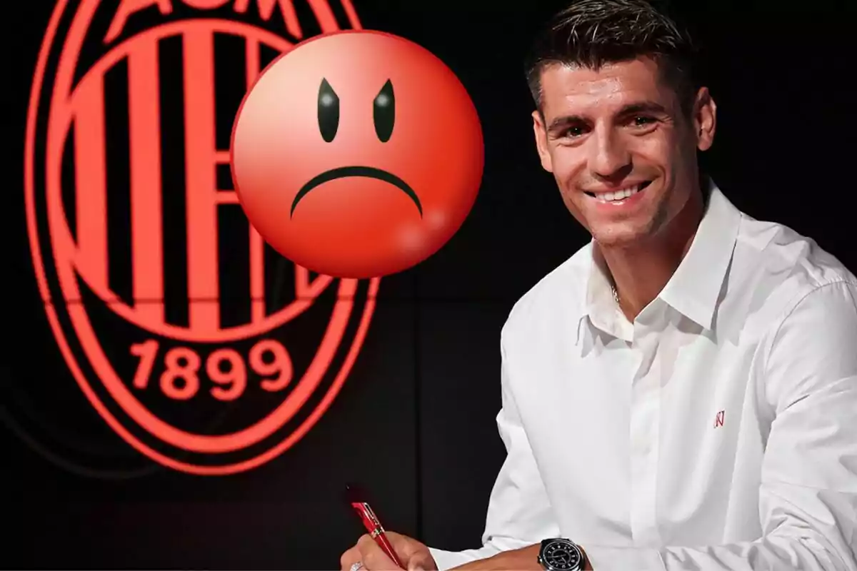 A smiling man in a white shirt signing a document in front of the AC Milan logo and an angry face emoji.