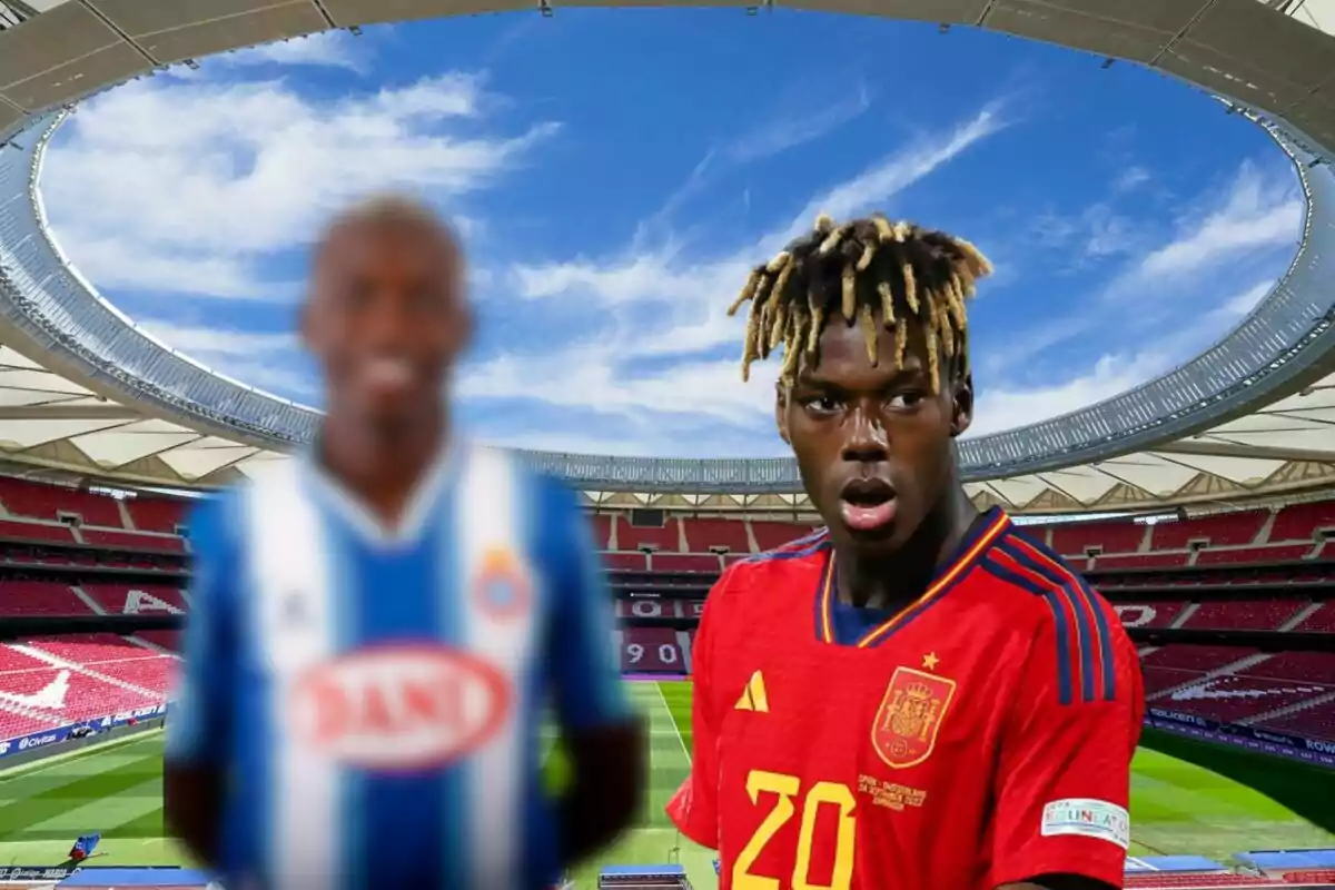 Two soccer players in a stadium, one with the Spanish national team shirt and the other with the Espanyol shirt.