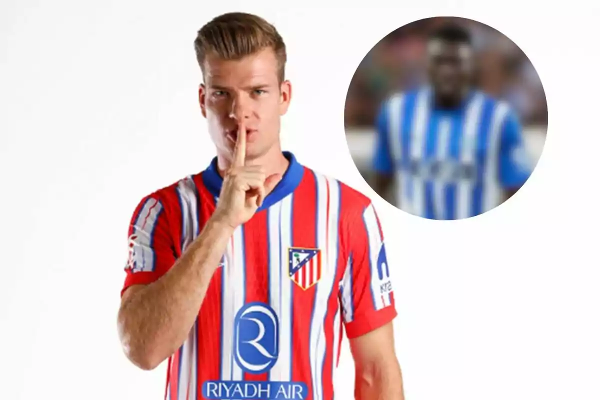 A football player wearing an Atlético de Madrid shirt makes a silence gesture with his index finger on his lips, while another player wearing a blue and white striped shirt can be seen in a blurred circle in the upper right corner.